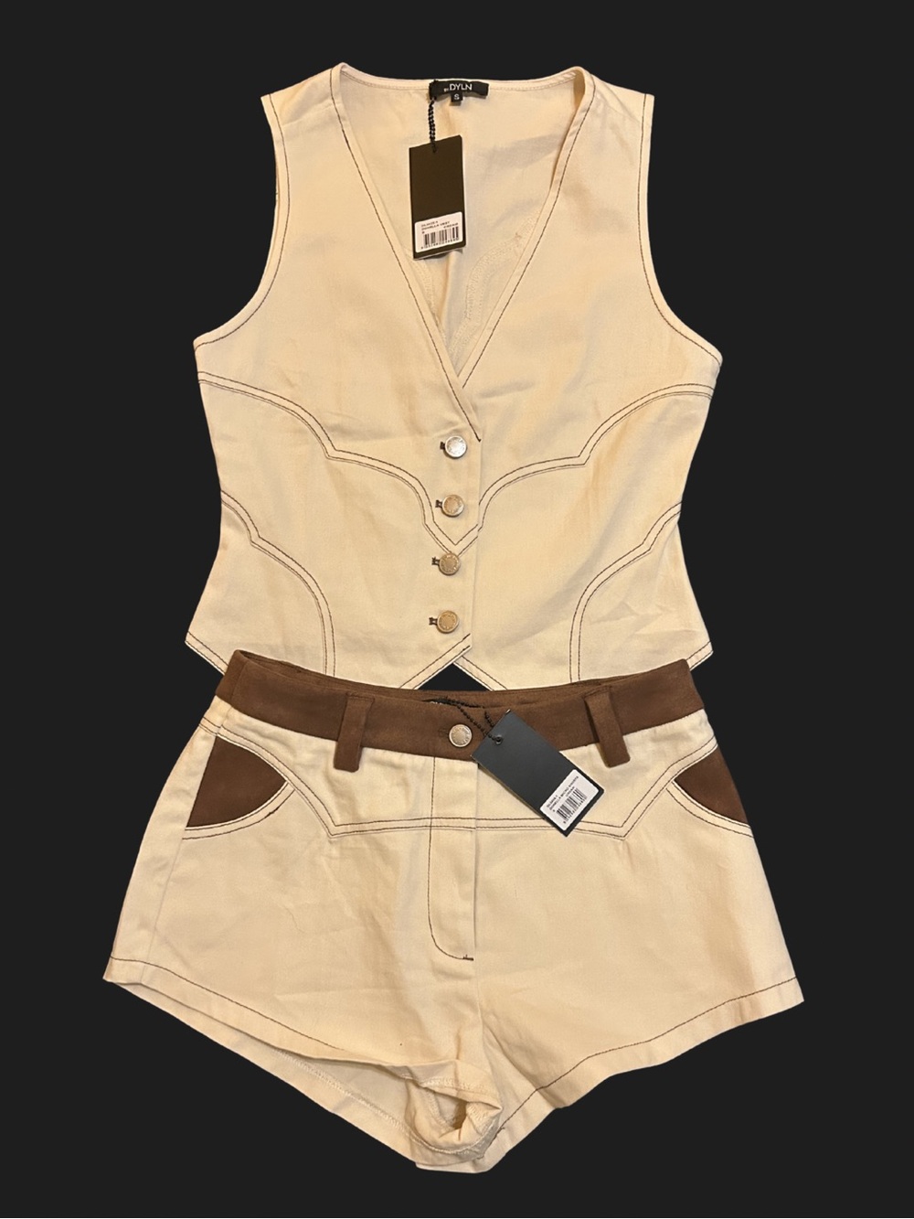 BY.DYLN Donella Vest + Micro Short Cream Set NWT